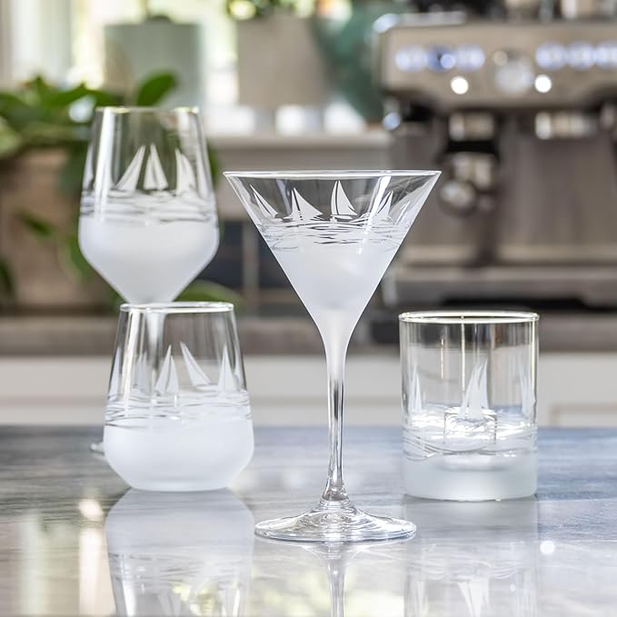 Rolf Glass | Regatta All Purpose Stemmed Wine Glass 19.5 Ounce | Set of 2 | Lead-free Glassware | Elegant Engraved Wine Glass Set | Nautical Sailboat Design