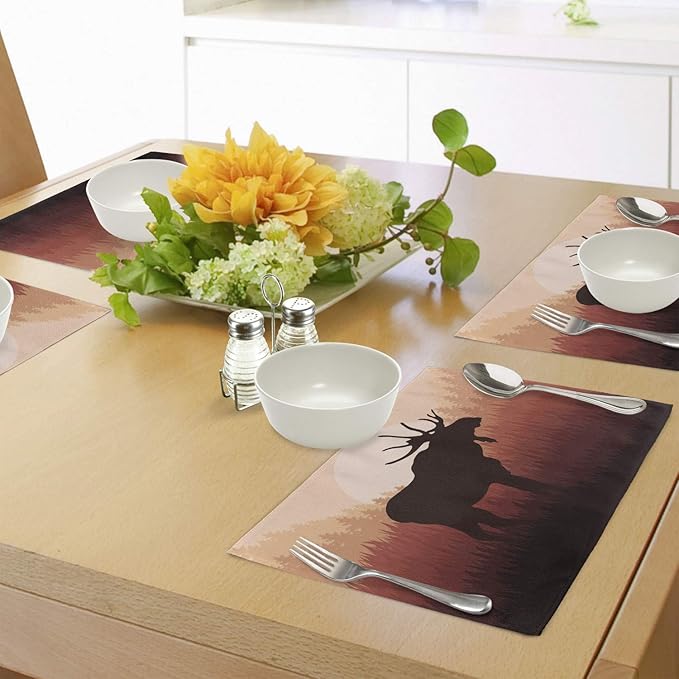 Ambesonne Moose Place Mats Set of 4, Antlers in Wild Alaska Forest Rusty Abstract Landscape Design Deer Theme Woods, Washable Fabric Placemats for Dining Table, Standard Size, Peach Brown
