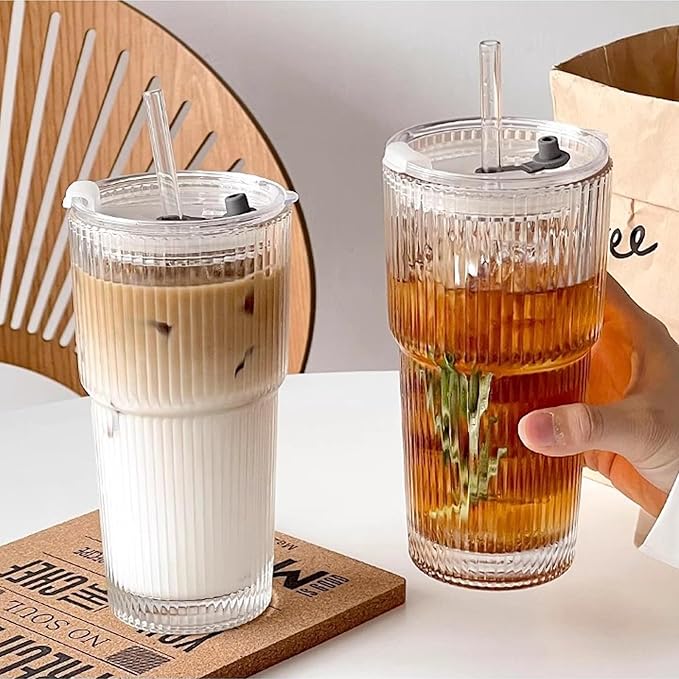 Ribbed Drinking Glasses,with Lids and Straws Glass Cup,19oz Glass cup,4 Pack Old Fashioned Glasses,Thickened for iced coffees,cocktails and juices, perfect for families and parties (4)