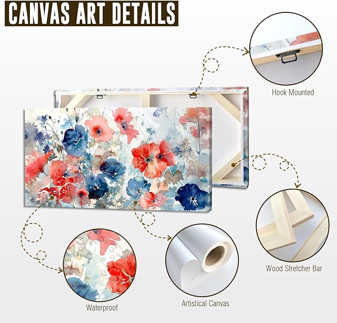 ADJUVANT Wall Art Watercolor Vibrant Floral 48"L x 24"W, Colorful Poppies With Soft Hues Canvas Painting Lively Blooms Artwork Delicate Tones Prints Wall Decor for Living Room Bedroom Bathroom Home Office