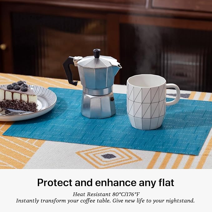 LEXMORE Placemats Set of 8 Vinyl/Plastic Woven Place Mats for Kitchen Table Indoor/Outdoor Washable Placemat Wipeable Dining Table Mats(Teal Blue)