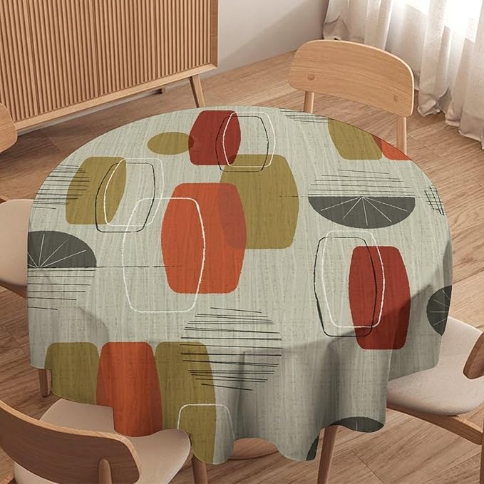 Retro Medieval Bohemian Round Tablecloth, Modern Mid Century Geometric Abstract Print Tablecloth for Home Party Dining Room Kitchen Decor 36Inch(90cm)
