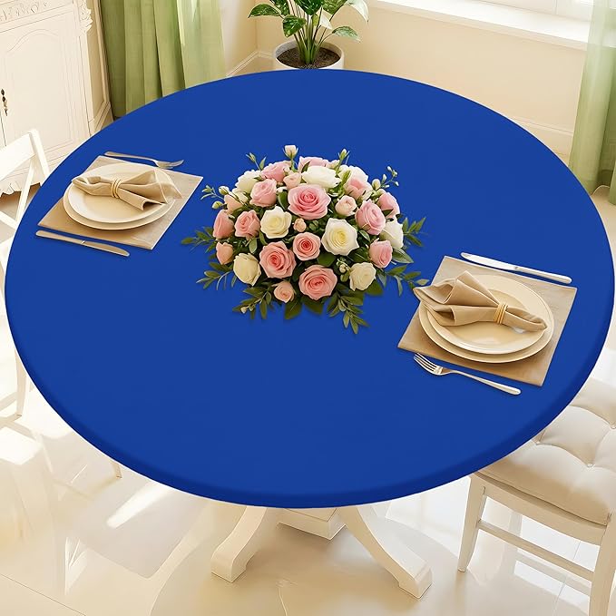 Round Spandex Tablecloth, Elastic Fitted Waterproof Tablecloths for 57"-68" Tables, Stretch Washable Picnic Table Cover for Camping, Dining, Indoor and Outdoor, Blue