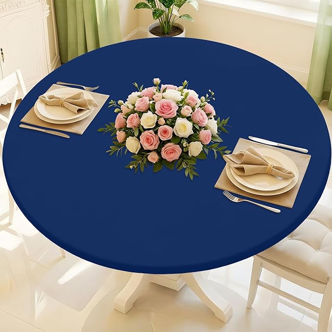 Round Spandex Tablecloth, Elastic Fitted Waterproof Tablecloths for 31"-35" Tables, Stretch Washable Picnic Table Cover for Camping, Dining, Indoor and Outdoor, Navy