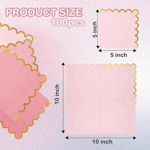 100 pack Pink Mix Cocktail Napkins with Gold Foil Accents Scalloped Edges 5 x 5 inch Beverage Disposable Napkin Party Decoration Wedding Bridal and Baby Shower Dinner Lunch Supplies