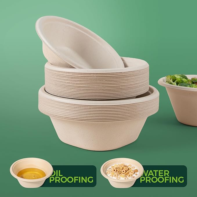32 Oz [50 Pack] Heavy Duty Deep Paper Bowls - Disposable and Compostable - Made from Eco-friendly Sugarcane Bagasse - Biodegradable Bowls for Soup, Salad, Dessert, Ice Cream