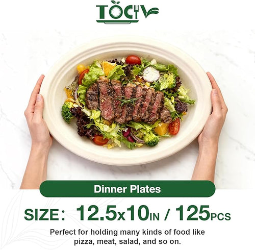 100% Compostable Paper Plates Oval 12.5in 125 Count Disposable Biodegradable Heavy Duty Large Sturdy Dinner Plates Bulk for Appetizer Dessert Cake Birthday Holiday Party Supplies