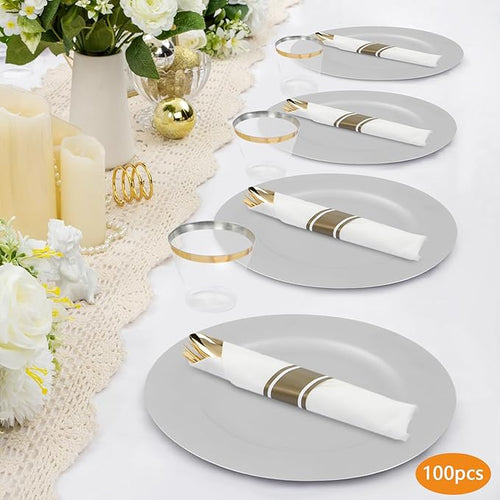 100 Pcs Antique Charger Plates Bulk, 13in Reusable Serving Plates Embossed Rim Plastic Party Dinner Plate Chargers Round Decorative Server Plate for Wedding Party Event Tableware