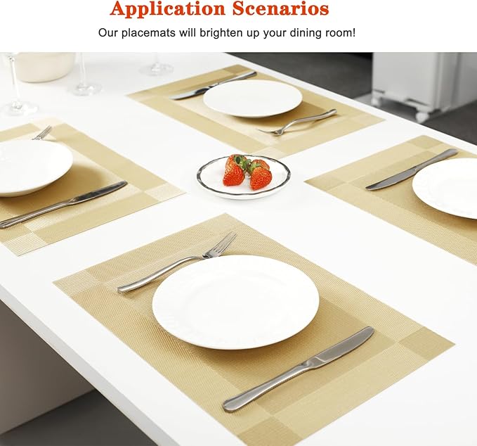 Placemats Set of 4,Washable,Heat and Stain Resistant Indoor/Outdoor Place mats,Vinyl Woven Non Slip Table Mats for Restaurant Table Protection,PVC Placemats(Gold 4PCS)
