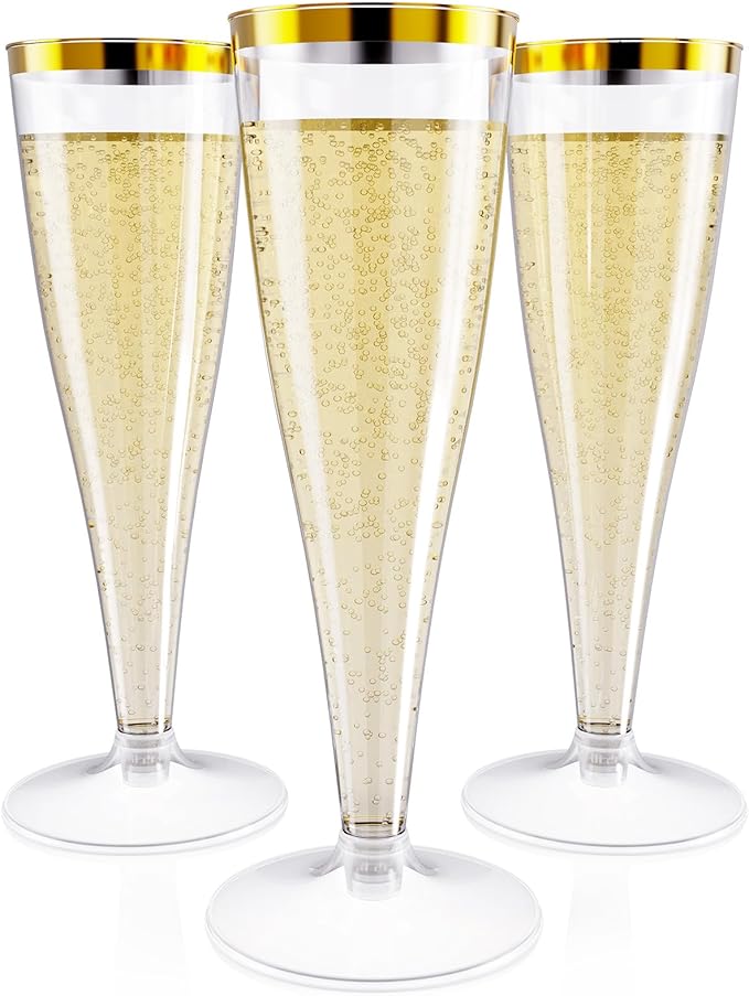 JOLLY CHEF 36 Count Plastic Champagne Flutes 4.5 oz Gold Rim Clear Disposable Toasting Glasses