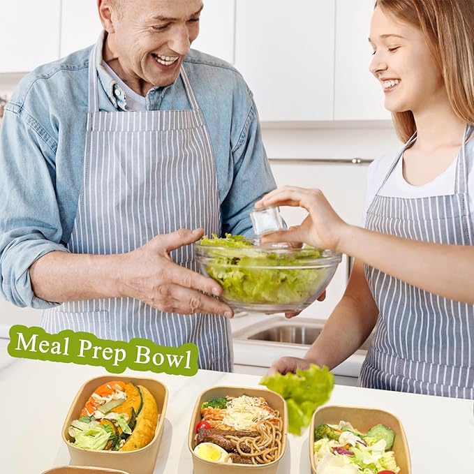 50-Pack 26oz Kraft Paper Bowls Disposable with Lids and Wooden Forks, Disposable Meal Prep Containers Paper Food Prep Containers with Lids, To Go Container for Hot Soup/Salad, Freezer & Microwave Safe