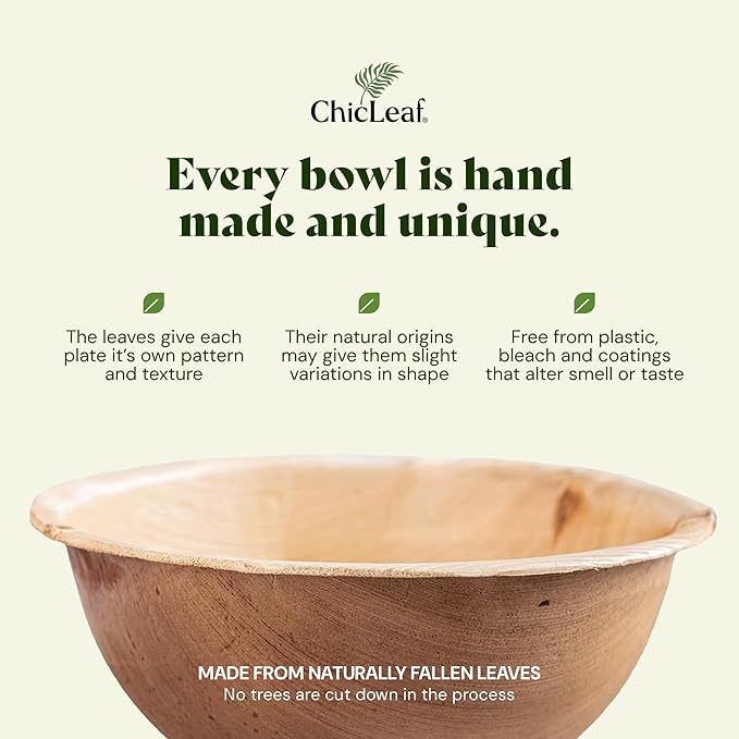 Chic Leaf Palm Leaf Bowls - Mini Disposable Bamboo Bowls - Small Plates & Dessert Cups for Party Events, Valentine's Day - Biodegradable & Compostable Party Supplies (6'' Round - 25 Pack)