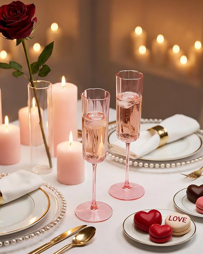 Ciaell 24 Pack Pink Plastic Champagne Flutes - 6 Oz Flower Wavy Champagne Glasses - Heavy Duty Vintage Disposable Glassware for Party & Anniversary & Wedding & Valentine's Day