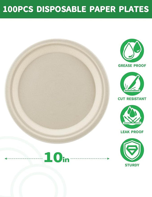 100% Compostable 10 Inch Large Paper Plates [100 Pack Bulk] - Heavy Duty & Leak-Resistant Disposable Plates Made of Sugarcane Bagasse | Perfect for Dinner, Catering, Parties, Wedding & Birthday