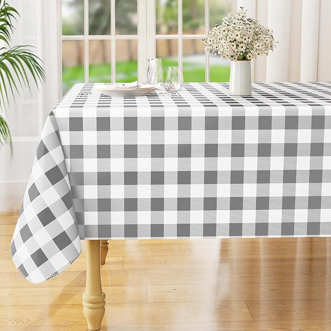 misaya Rectangle Waterproof Vinyl Table Cloth, Buffalo Flannel Backed Tablecloth, Wipeable Plastic Table Cover for Dinner, Kitchen, Outdoor (54" x 78", Grey and White)