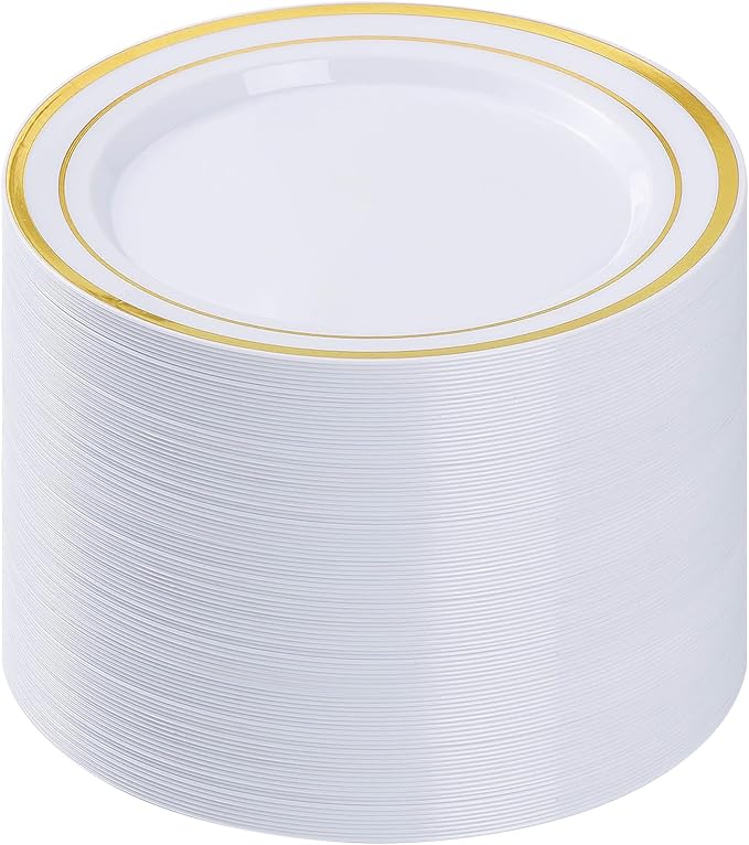 BESTVIP 100PCS Gold Plastic Plates, 10.25 Inch Disposable Dinner Plate Party with Gold Rim for Christmas, Thanksgiving, Heavy Duty Disposable Plastic Plates for Party, Wedding and Birthday, Events