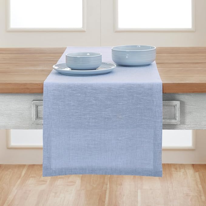 Solino Home Linen Table Runner 48 Inches - 100% Pure Linen Chambray Blue Table Runner 14 x 48 Inch Ideal for Dresser and Coffee Tables - Athena - Winter, Spring, Easter