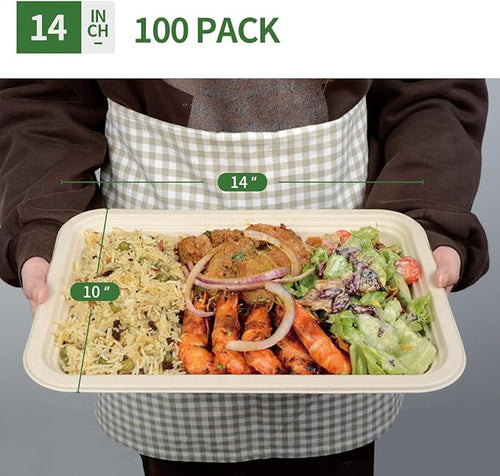 100 Pack 14 inch Large Disposable Food Trays for Crawfish Seafood Boil BBQ Dessert, Large Paper Plates 14 inch Heavy Duty Disposable Serving Trays for Seafood Boil Party