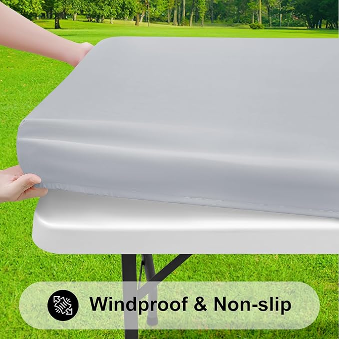 Smiry Rectangle Tablecloth, Elastic Fitted Flannel Backed Vinyl Tablecloths for 6ft Folding Tables, Waterproof Wipeable Table Covers for Indoor, Outdoor, Picnic and Camping (Light Grey, 30"x72")