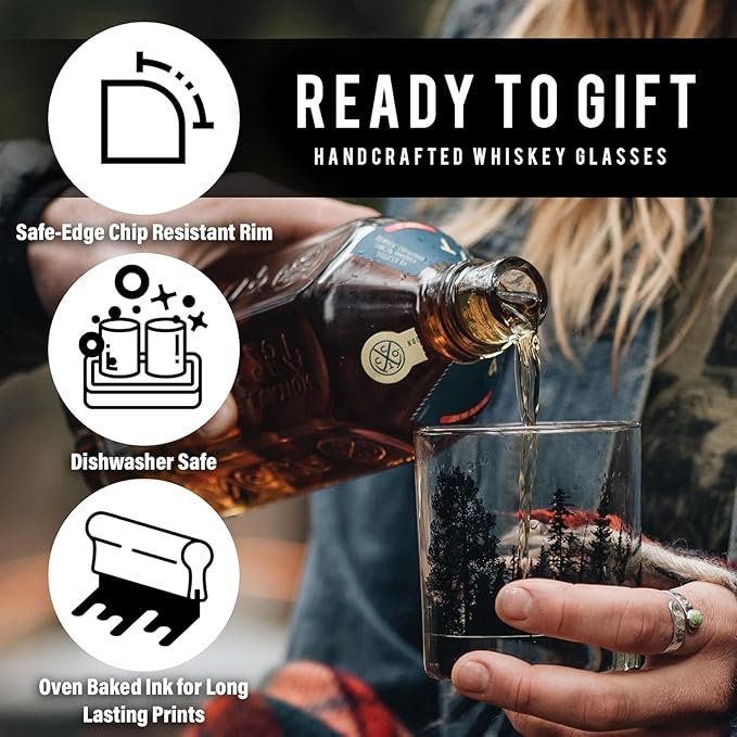 Black Lantern Mountain Trout Whiskey Glasses – Set of 2 11oz Old Fashioned Glasses with Gift Box