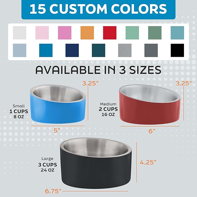 Master Pet Supply Stainless Steel Slanted Dog Cat Food Bowl - 16 oz Heavy Duty - Rose Quartz, Double Wall Insulated, Non-Slip Elevated Bowl for French Bulldogs Pugs Cats, Anti Rust Dishwasher Safe