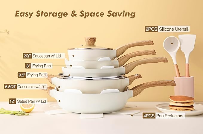 SENSARTE 14-Piece Ceramic Non Stick Induction Cookware Set, Non Toxic Healthy Non Stick Kitchen Cooking Pots and Frying Pans Set, PFAS PTFE PFOA PFOS Free, Ceramic White
