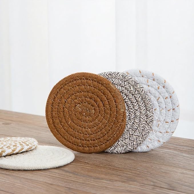 8 Pcs Drink Coasters with Holder, Handwoven Cotton Coasters Set Stackable Absorbent Minimalist Home Decor for Table, Cup, Mug (Black)