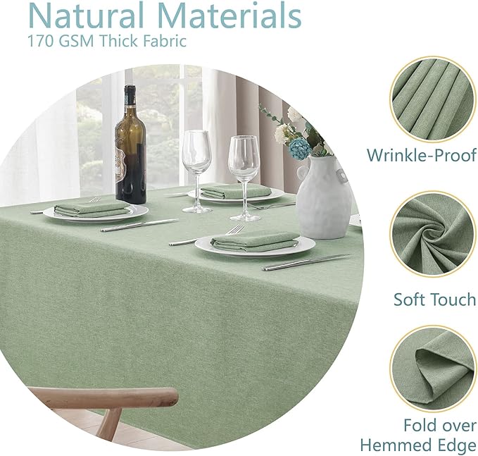 2 Pack Rectangle Tablecloth, 52x70 inch, Water Resistant Wrinkle Free Linen Textured Table Cloth Washable, Decorative Fabric Table Cover for Dining, Party and Camping, Sage Green