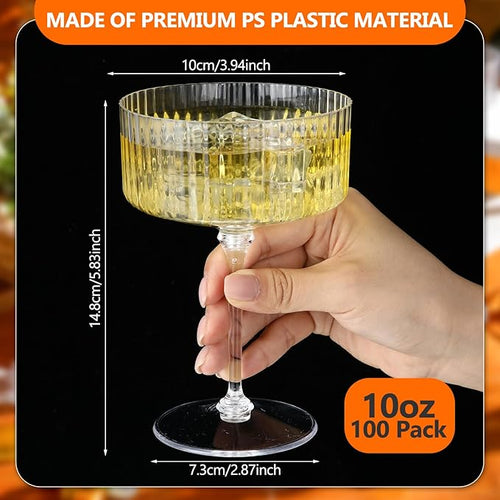 100 Pcs Ribbed Martini Glasses 10 oz Disposable Plastic Vintage Ribbed Coupe Glasses Unbreakable Dessert Parfait Glassware for Wedding Birthday Party Supplies (Clear)