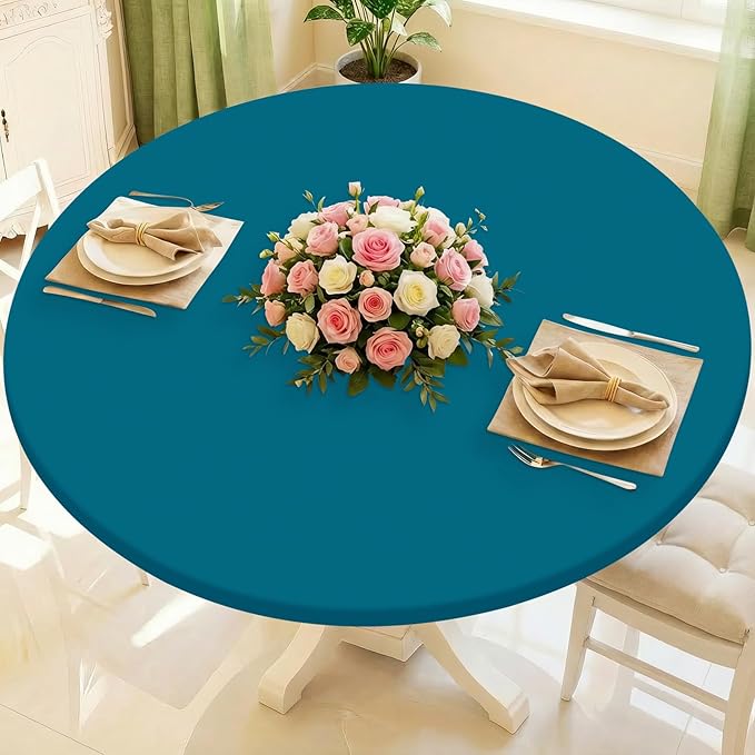 Round Spandex Tablecloth, Elastic Fitted Waterproof Tablecloths for 18"-24" Tables, Stretch Washable Picnic Table Cover for Camping, Dining, Indoor and Outdoor,Peacock Blue