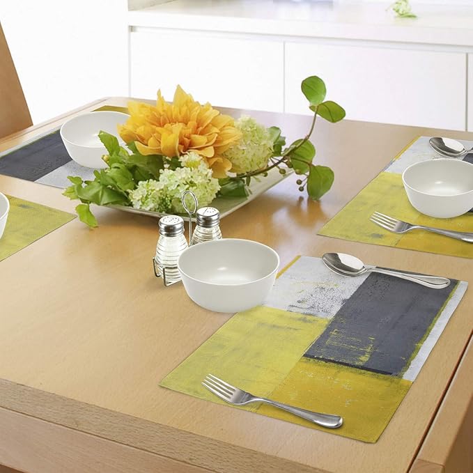 Ambesonne Grey and Yellow Place Mats Set of 4, Street Art Modern Grunge Abstract Design Squares, Washable Fabric Placemats for Dining Table, Standard Size, Charcoal Yellow