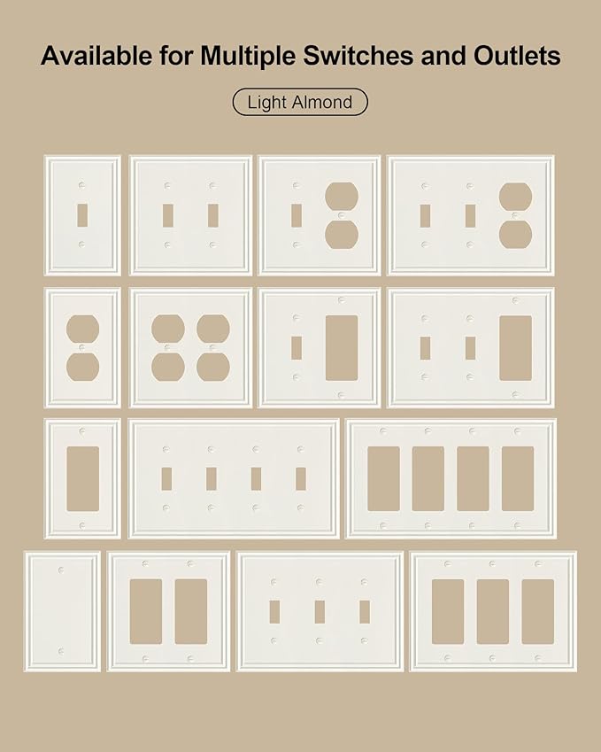 2-Pack Combo Double Toggle/Single Decorator Outlet Cover Plate, Zinc Alloy Decorative Light Almond 4 Gang Switch Plates for Electrical Outlets, Receptacle, GFCI Outlet, Dimmer Switch