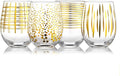 Joeyan Hand Blown Stemless Wine Glasses with Gold Dots Swirls Grids Strips Pattern for Red White Wine,Large Drinking Glass Cups,Wine Glass Tumblers for Wedding Party Home,Set of 4,17.5 oz
