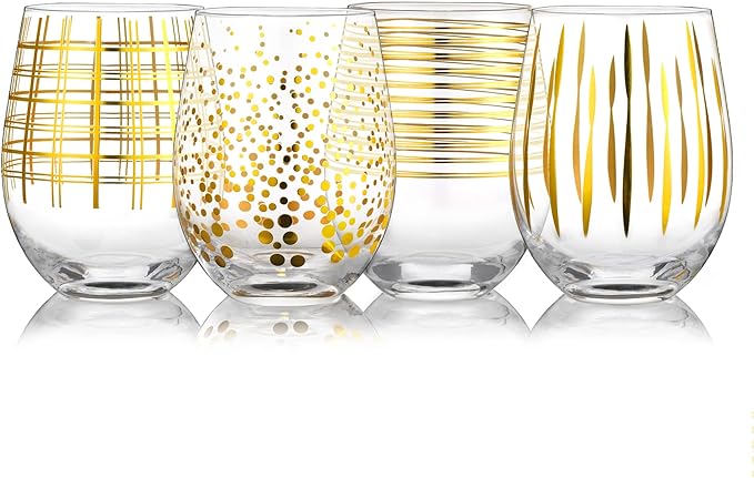 Joeyan Hand Blown Stemless Wine Glasses with Gold Dots Swirls Grids Strips Pattern for Red White Wine,Large Drinking Glass Cups,Wine Glass Tumblers for Wedding Party Home,Set of 4,17.5 oz
