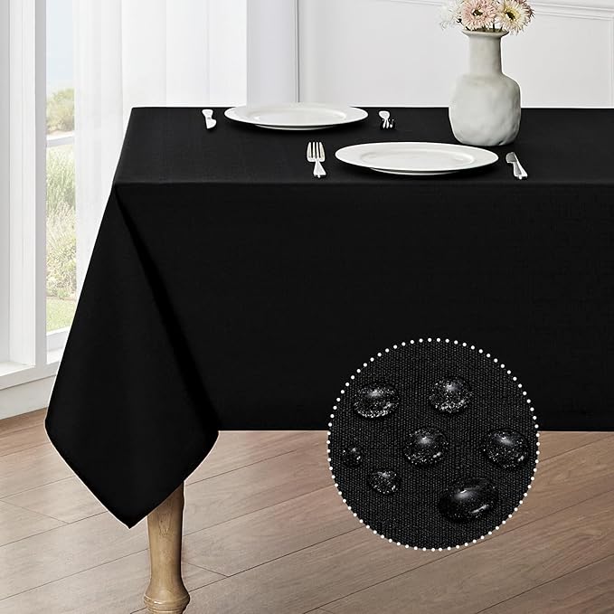 2 Pack Rectangle Tablecloth, 60x104 inch, Water Resistant Wrinkle Free Linen Textured Table Cloth Washable, Decorative Fabric Table Cover for Dining, Party and Camping, Black
