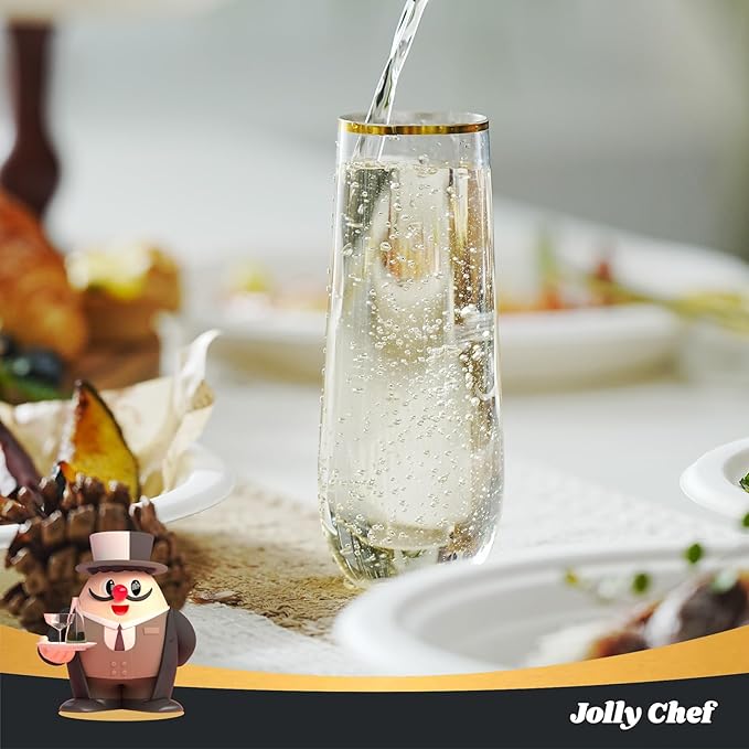 JOLLY CHEF 48 Pack Plastic Champagne Flutes, 9 oz Gold Stemless Champagne Flutes, Plastic Champagne Glasses, Shatterproof Recyclable Mimosa Glasses for Party, Wedding, Christmas, Birthday