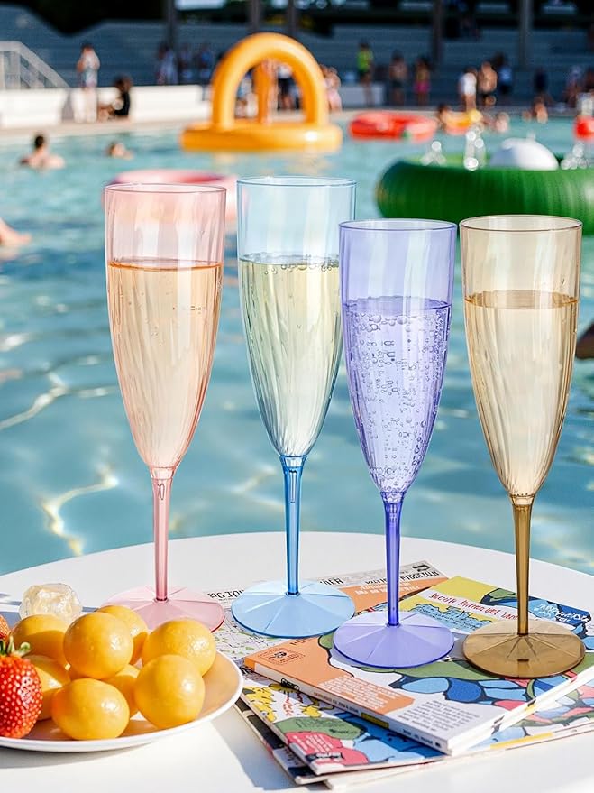 WDF 12PCS Colorful Plastic Champagne Flutes - 6 OZ Colorful Disposable Champagne Flutes - Perfect for Wedding Parties Birthday Valentines Day