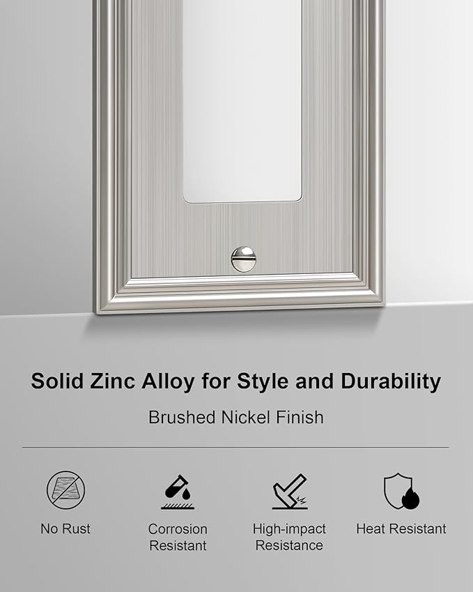 4-Pack Decorator Outlet Cover Plate, Brushed Nickel Decorative Switch Plates and Outlet Covers, Durable Zinc Alloy Wall Plates for Electrical Outlets, Receptacle, GFCI Outlet, Dimmer Switch