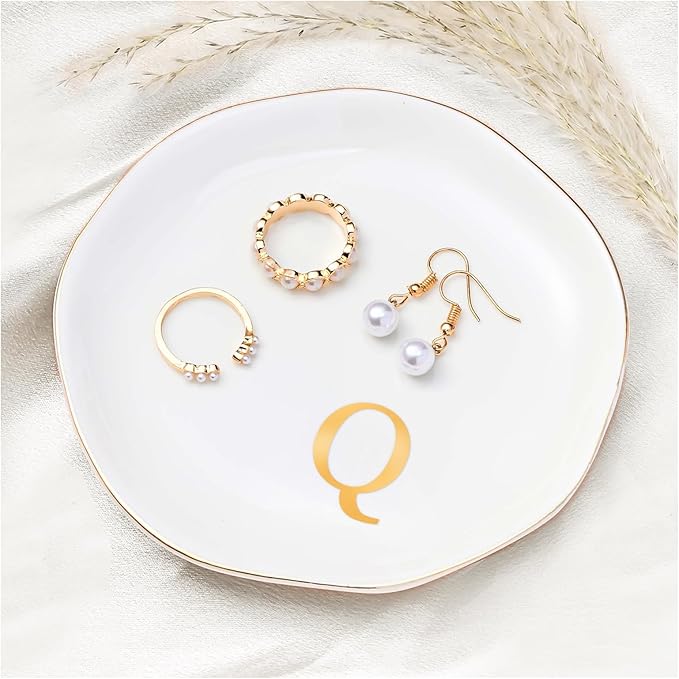 ProCase Ceramic Jewelry Tray, Initial Ring Dish Trinket Plate Engagement Gift, Small Personalized Monogram Ring Bowl for Wedding, White Decorative Jewelry Holder for Women Vanity -Letter Q