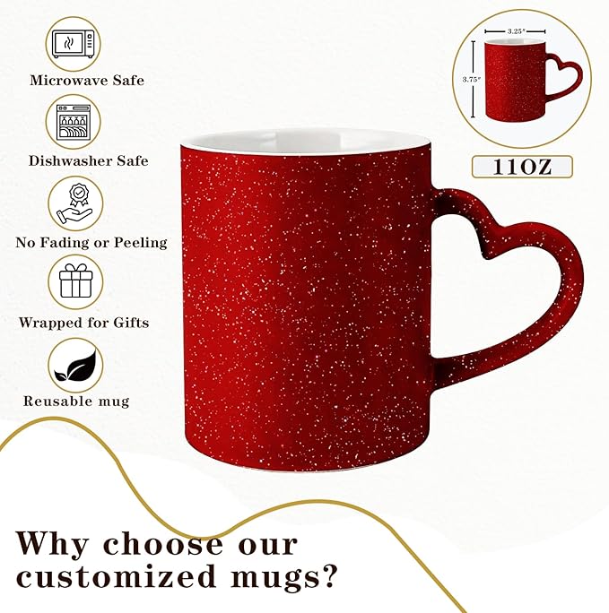 Custom Color Changing Mug,Personalized Photo Logo Text Print,Hidden Image Shows with Hot Drinks,Heart Shaped Handle Ceramic Coffee Cup,Home Office,for Valentine's Day (Red Starry)