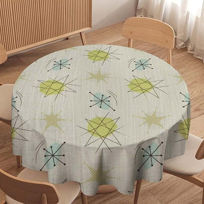 Mid Century Retro Round Tablecloth, Modern 1950s Style Abstract Geometric Vintage Print Tablecloth for Home Party Dining Room Kitchen Decor 60Inch(152cm)