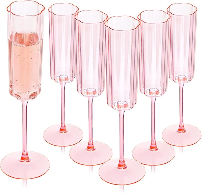 Ciaell 24 Pack Pink Plastic Champagne Flutes - 6 Oz Flower Wavy Champagne Glasses - Heavy Duty Vintage Disposable Glassware for Party & Anniversary & Wedding & Valentine's Day