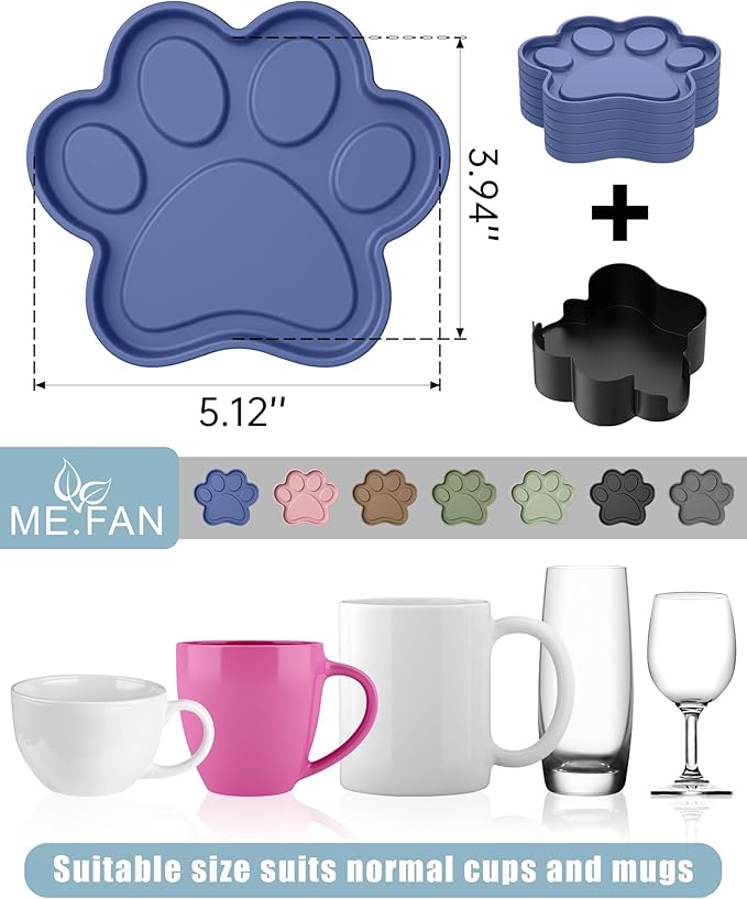 ME.FAN Silicone Coasters 6 Pack Paw Cup Mat with Holder, Dog Cat Paw Shape, for Hot or Cold Drink, Non-Slip, Non-Stick, Room Decor, Housewarming Black