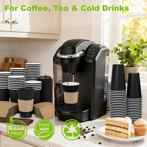 100 Pack 16 oz Disposable Coffee Cups with Lids and Sleeves, To Go Coffee Cups with Lids, Leak-Proof Hot Coffee Cups, PLA Black Paper Coffee Cups for Hot Beverage