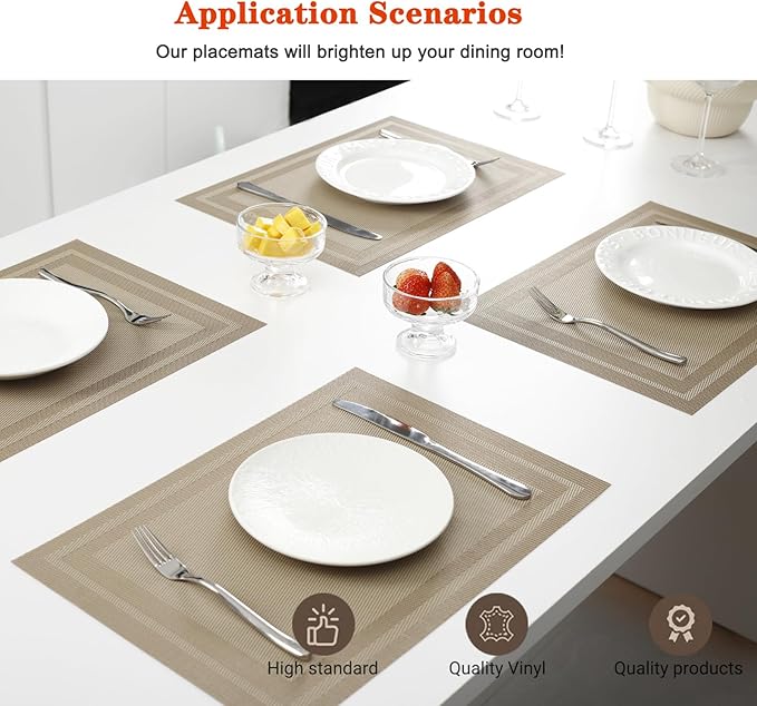Placemats Set of 6,Washable,Heat and Stain Resistant Indoor/Outdoor Place mats,Vinyl Woven Non Slip Table Mats for Restaurant Table Protection,PVC Placemats(Beige,6PCS)