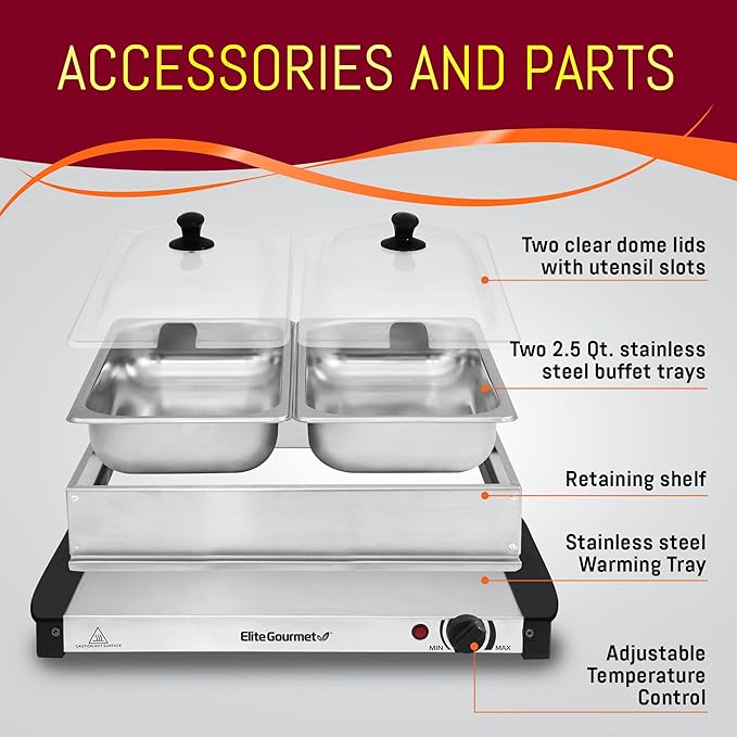 Elite Gourmet EWM-6122 Dual 2 x 2.5 Qt. Trays, Buffet Server, Food Warmer Temperature Control, Clear Slotted Lids, Perfect for Parties, Entertaining & Holidays, 5 Qt Total, Stainless Steel