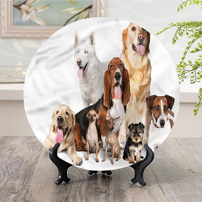 Decorative Plates, Dog Lover Print Ornament, House Pet Photo Shoot, 10 Inch, 1 Plate with 1 Display Stand, Multicolor