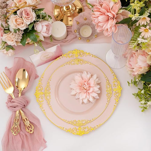 102PCS Pink Plastic Plates - Pink and Gold Plate - Heavyweight Disposable Plate with Gold Rim - Fancy Dinner & Dessert Plates for 51 Guests Weddings & Parties