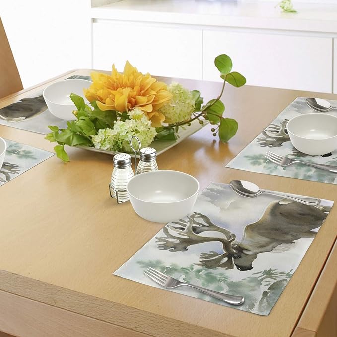 Ambesonne Antlers Place Mats Set of 4, Moose in Winter Forest Wildlife Reindeer Christmas Theme Watercolor Painting Style, Washable Fabric Placemats for Dining Table, Standard Size, Warm Taupe Green
