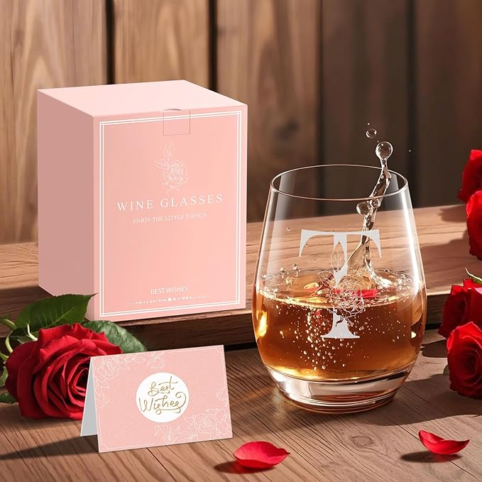 Valentines Day Gifts for Her, Gifts for Women Her Friend Mom Grandma Wife Sister Bridesmaid Nurse, Birthday Galentines Mothers Day Christmas, Personalized Initial Customized Wine Glasses 18OZ(T)